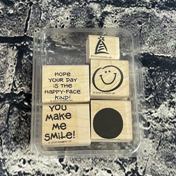 Stampin' Up! SMILE Two-Step Stampin' Set 6 Wood Stamps Happy Face 2000 - Picture 1 of 3